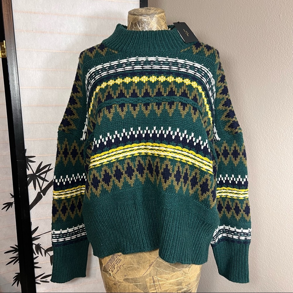 Rag&Bone Willow Wool Fair Isle Sweater Green Multi Relaxed Fit Sz M *NWT